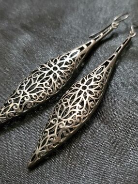 Silver Filigree Teardrop 3" Dangle Earrings